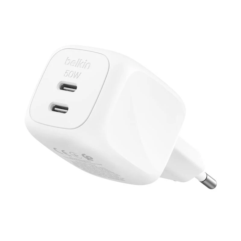 Belkin 50W Dual USB-C GaN Wall CHarger With PPS WCH019kqWH White